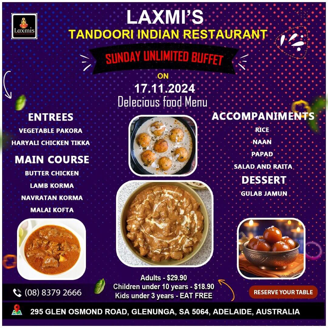 Unlimted Sunday Buffet Adelaide Laxmi's Tandoori Indian Restaurant 17 November 2024