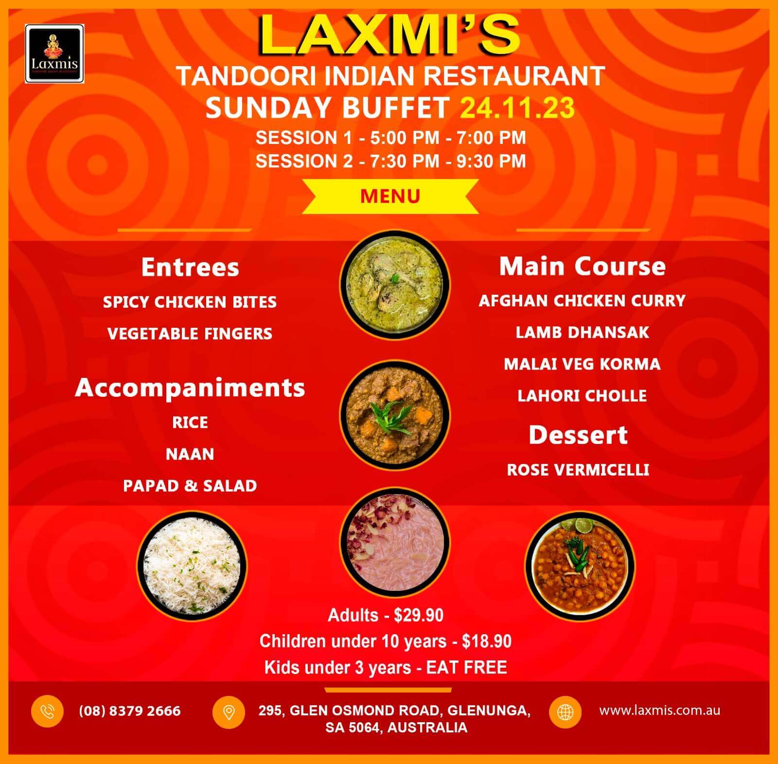 Unlimted Sunday Buffet Adelaide Laxmi's Tandoori Indian Restaurant 24 November 2024