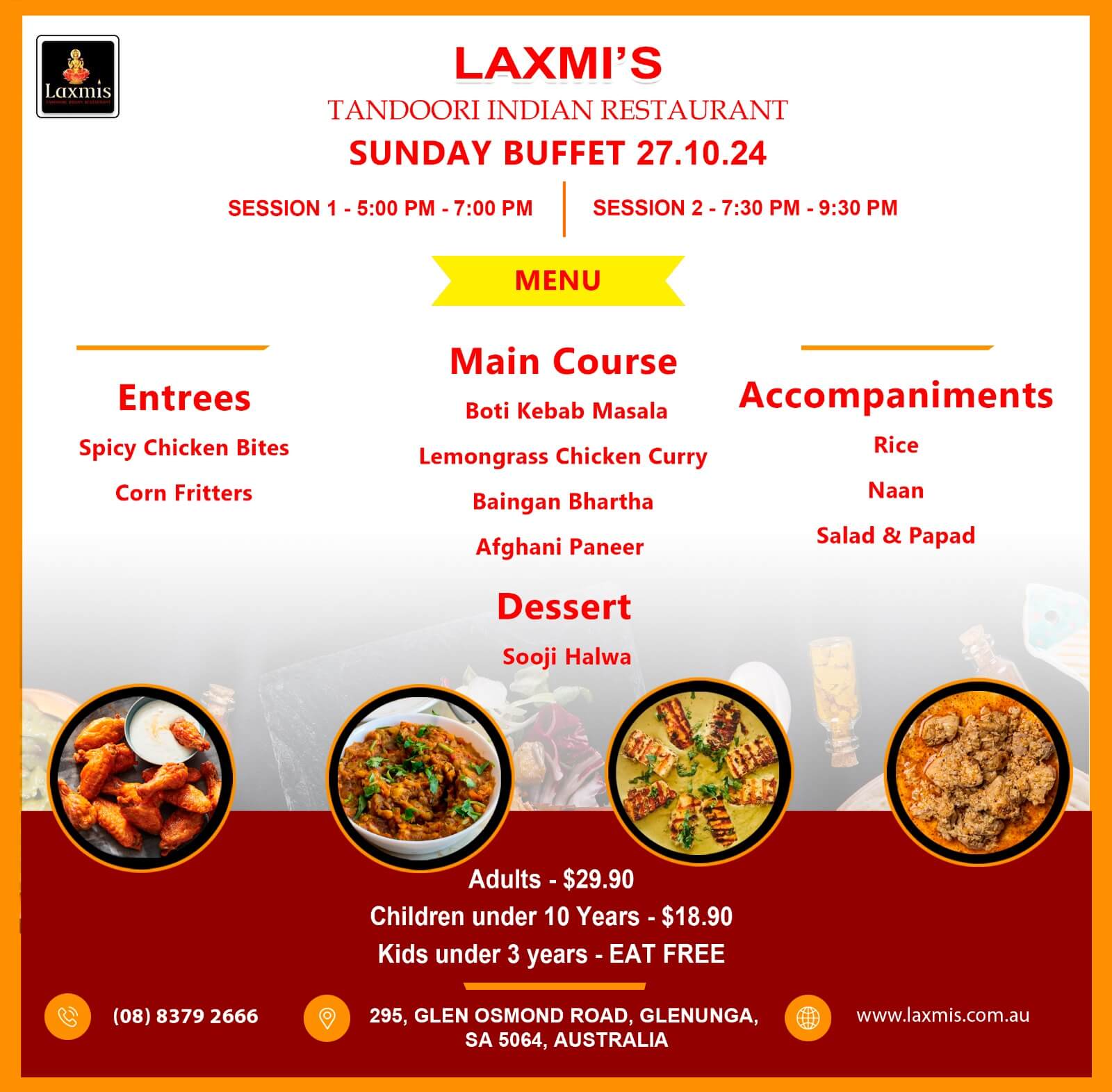 Unlimted Sunday Buffet Adelaide Laxmi's Tandoori Indian Restaurant 27 October 2024