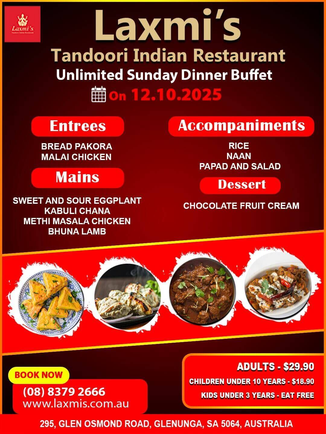 Unlimted Sunday Buffet Adelaide Laxmi's Tandoori Indian Restaurant 12th October 2025