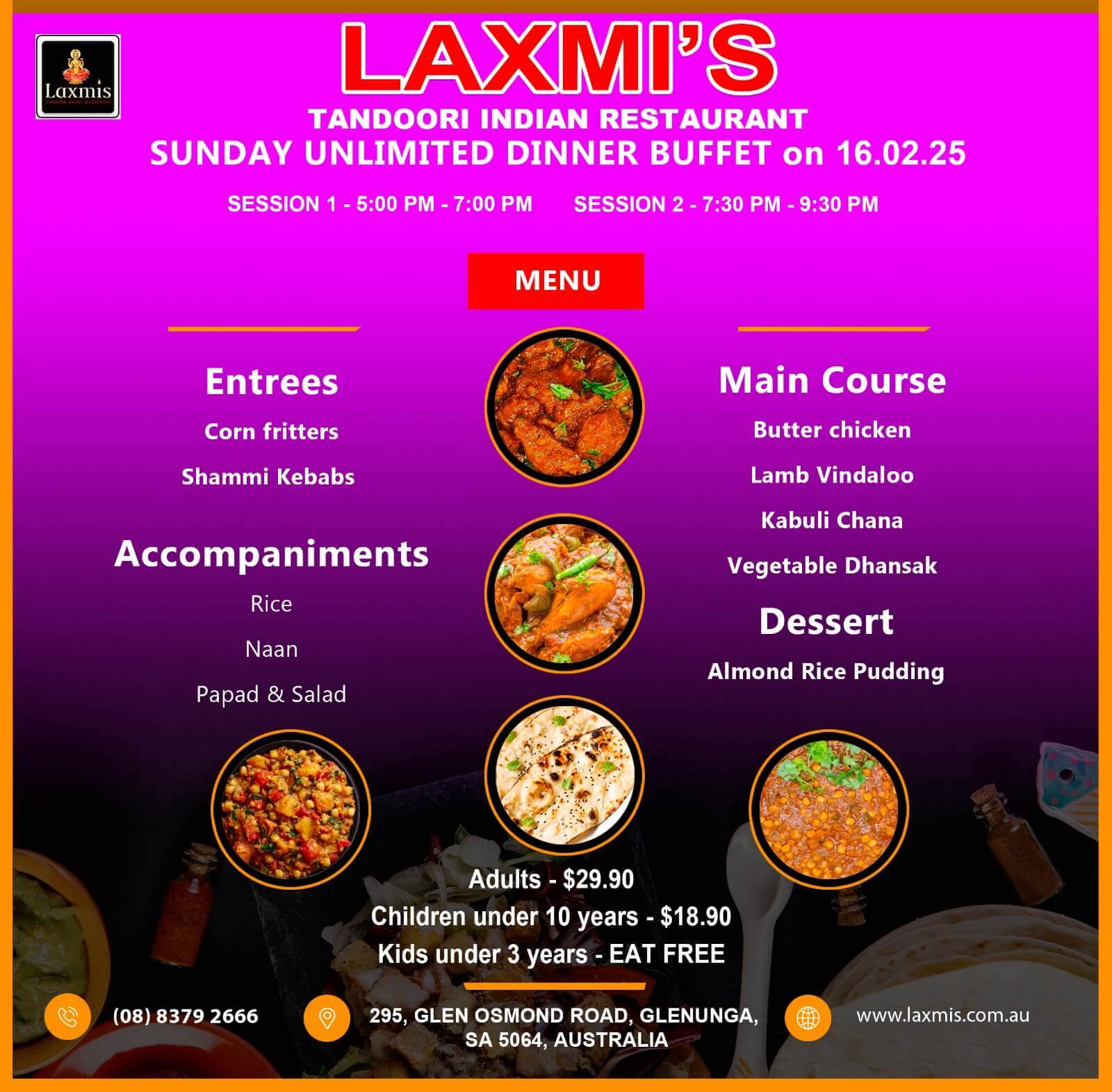 Unlimted Sunday Buffet Adelaide Laxmi's Tandoori Indian Restaurant 16 February 2025