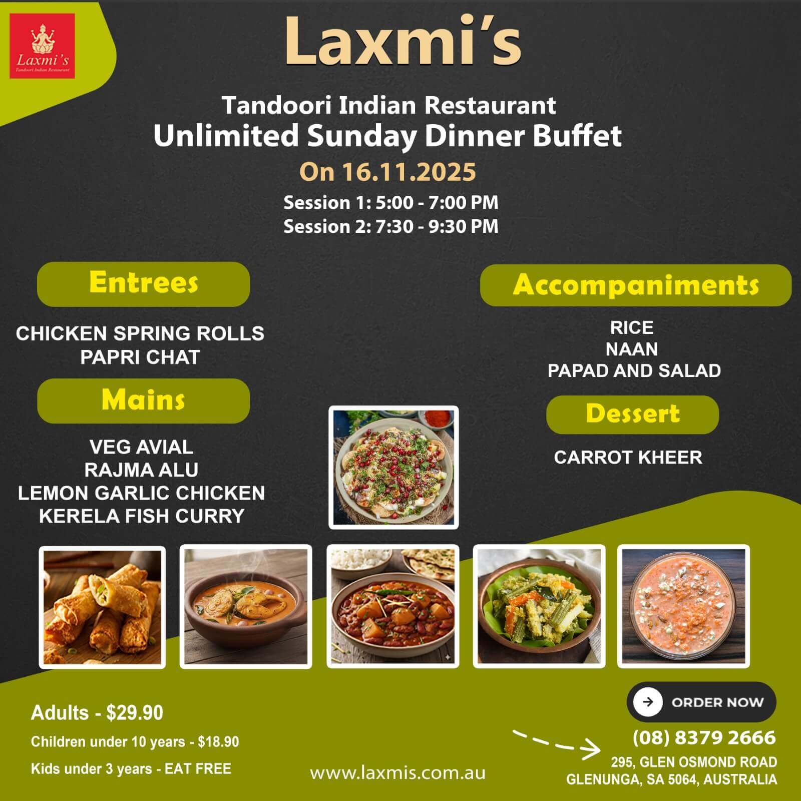 Unlimted Sunday Buffet Adelaide Laxmi's Tandoori Indian Restaurant 16th November 2025