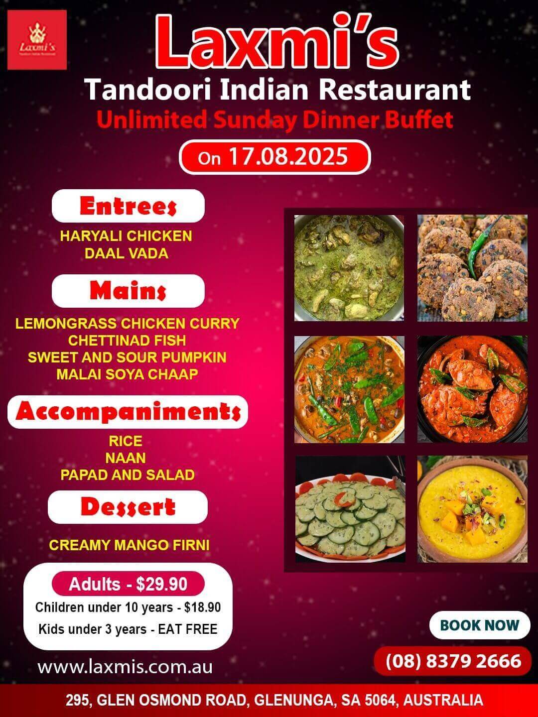 Unlimted Sunday Buffet Adelaide Laxmi's Tandoori Indian Restaurant 17th August 2025