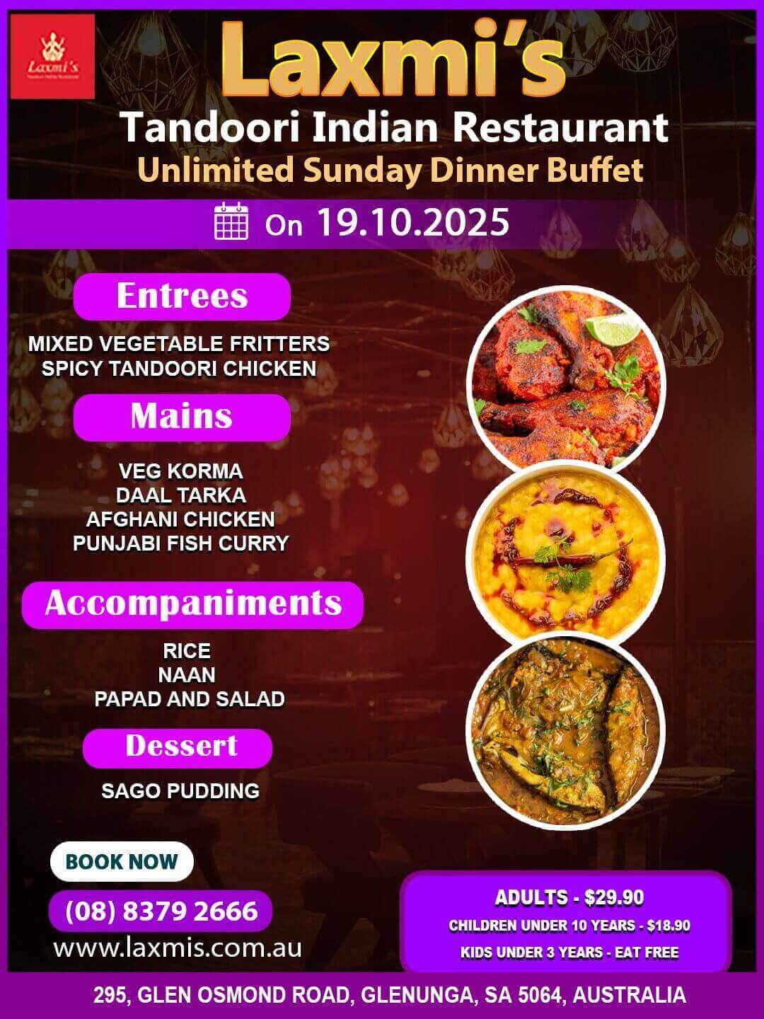 Unlimted Sunday Buffet Adelaide Laxmi's Tandoori Indian Restaurant 19th October 2025