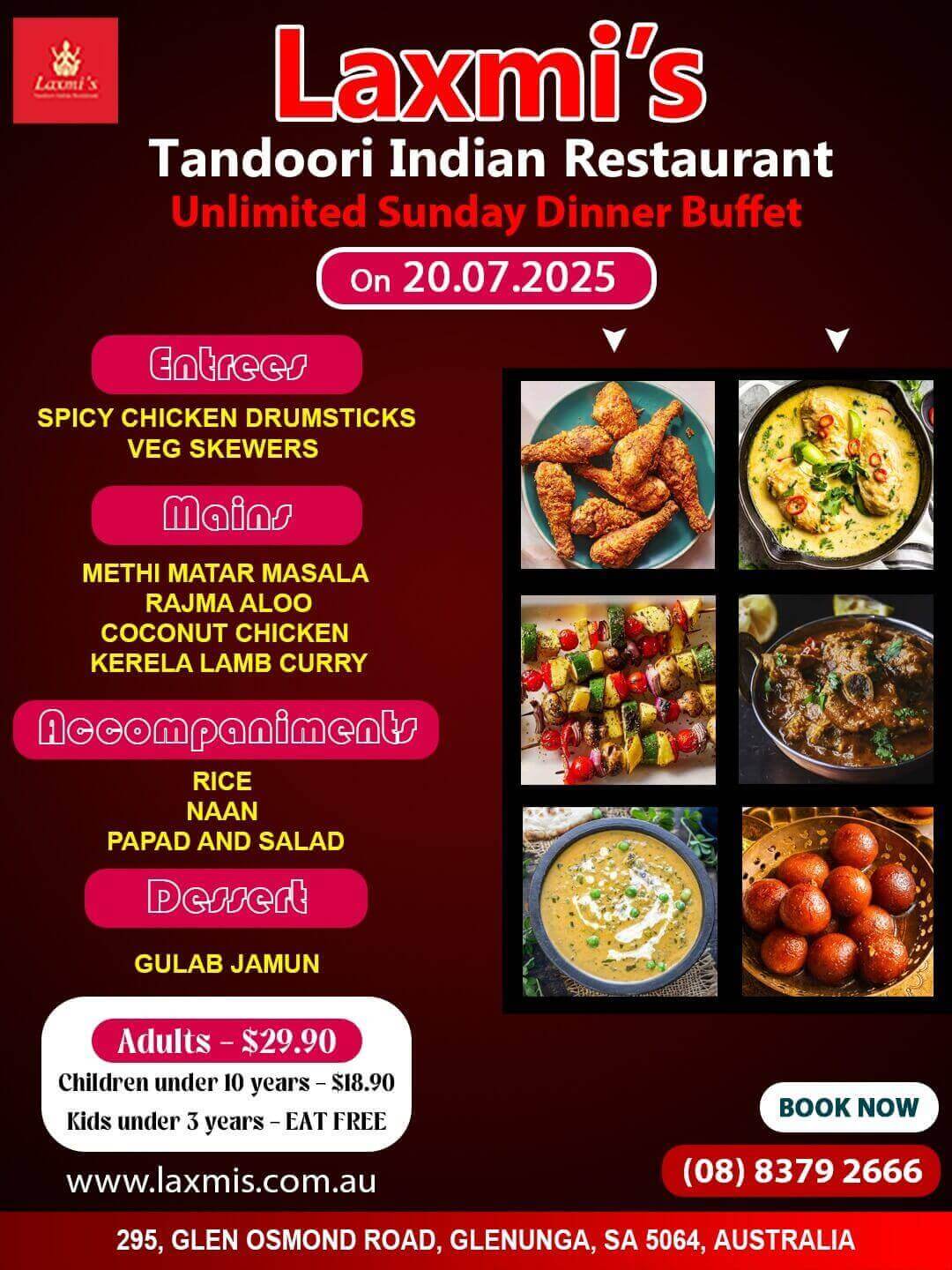 Unlimted Sunday Buffet Adelaide Laxmi's Tandoori Indian Restaurant 20th July 2025