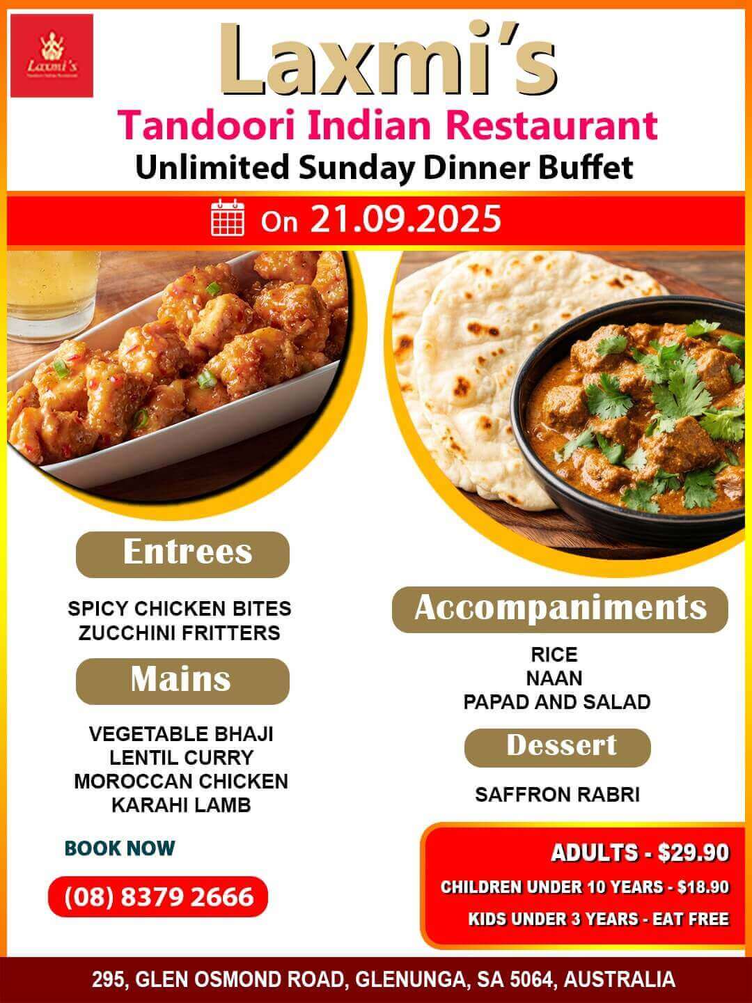 Unlimted Sunday Buffet Adelaide Laxmi's Tandoori Indian Restaurant 21st September 2025