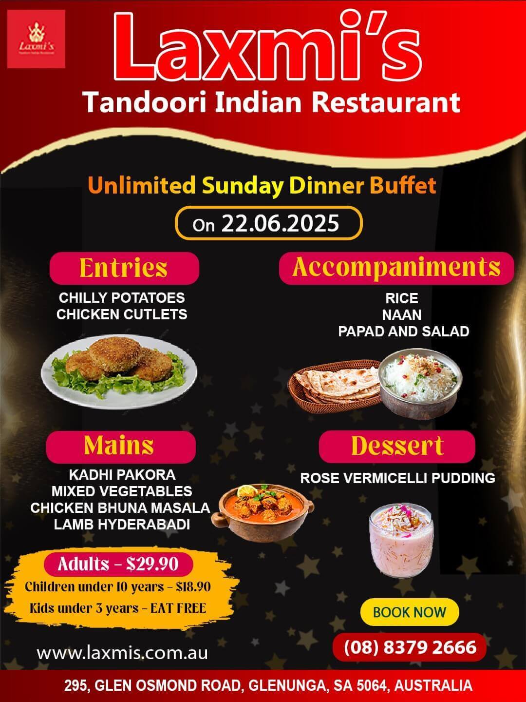 Unlimted Sunday Buffet Adelaide Laxmi's Tandoori Indian Restaurant 22nd June 2025