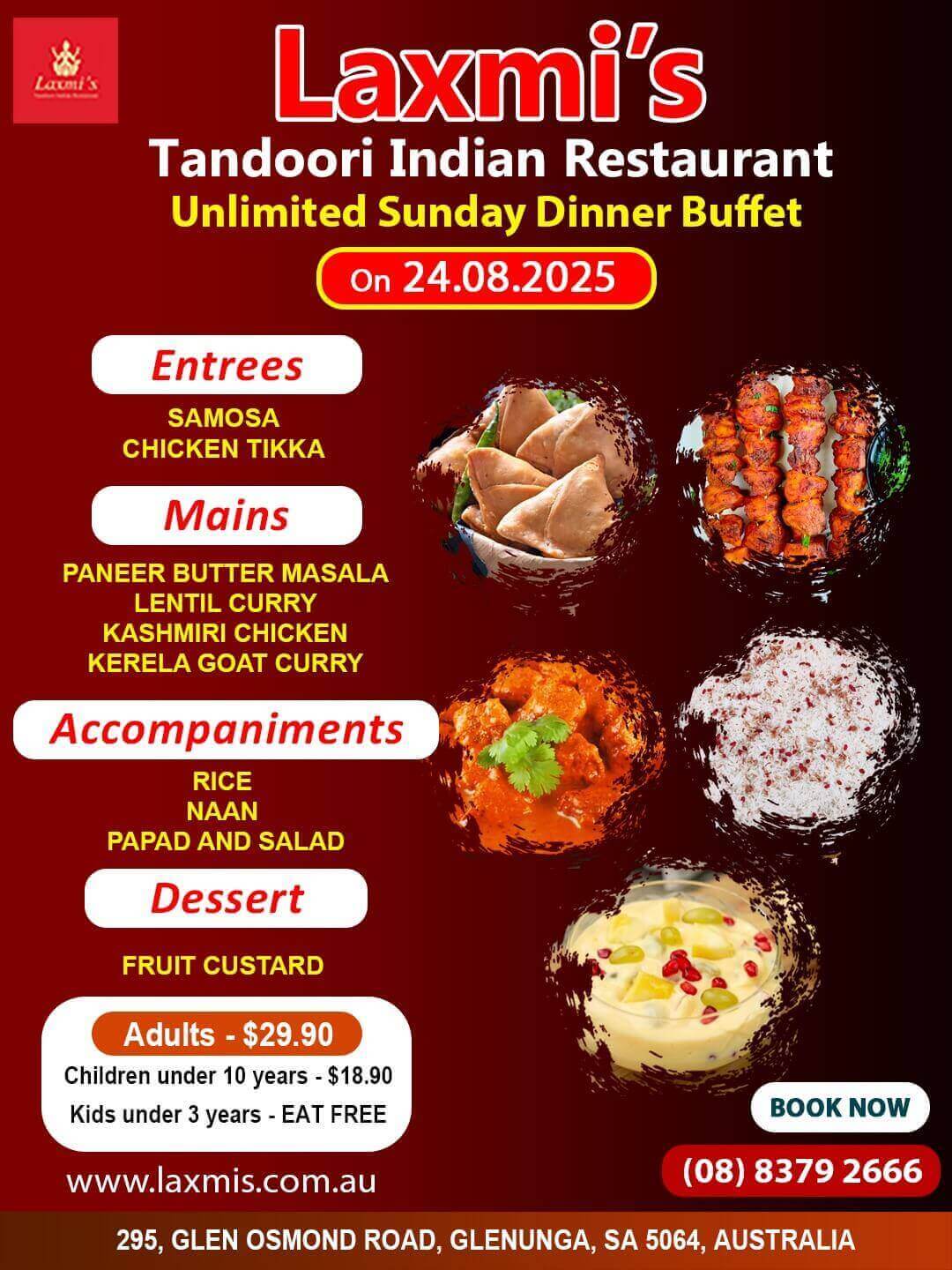 Unlimted Sunday Buffet Adelaide Laxmi's Tandoori Indian Restaurant 24th August 2025
