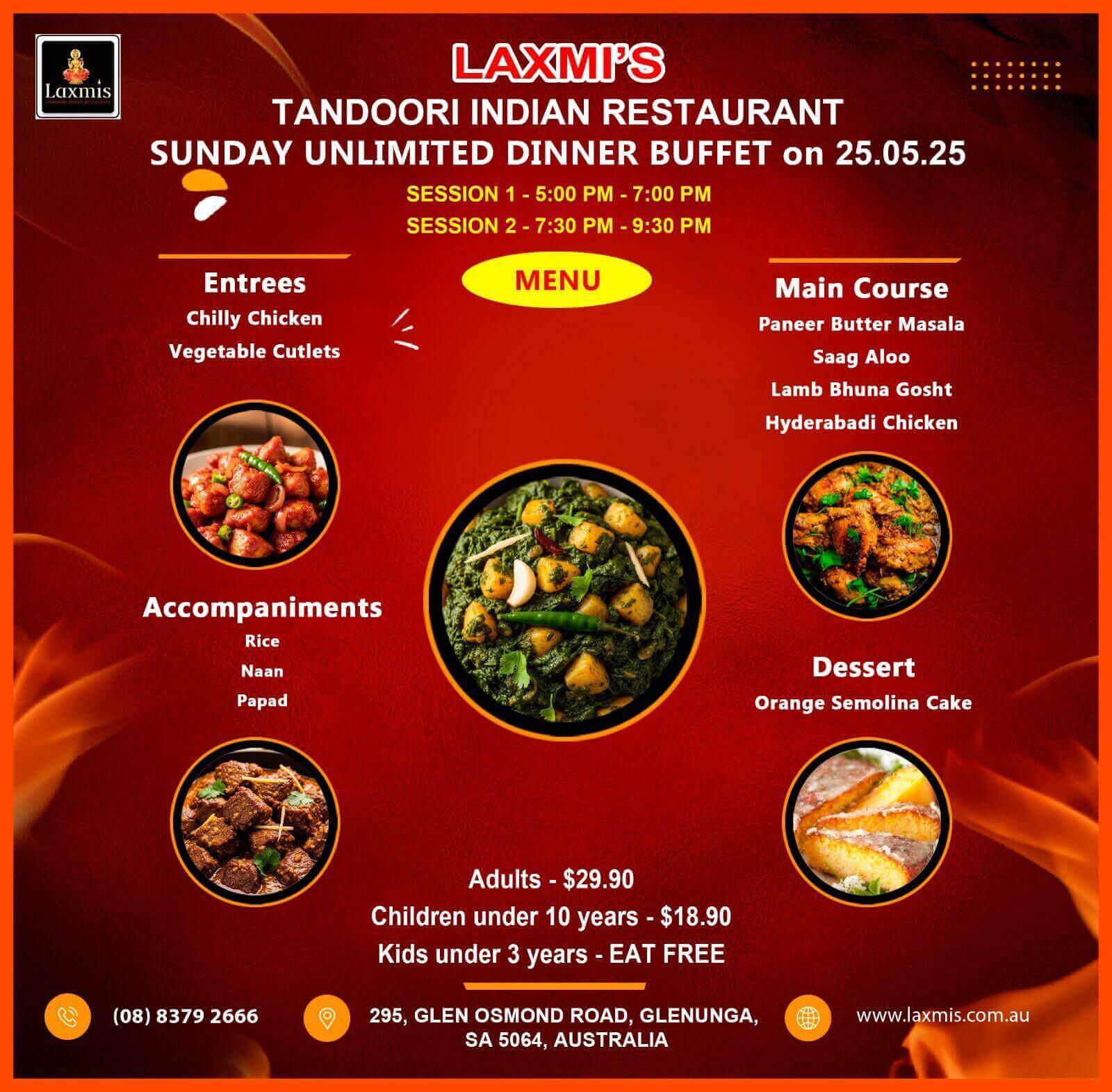 Unlimted Sunday Buffet Adelaide Laxmi's Tandoori Indian Restaurant 25th May 2025