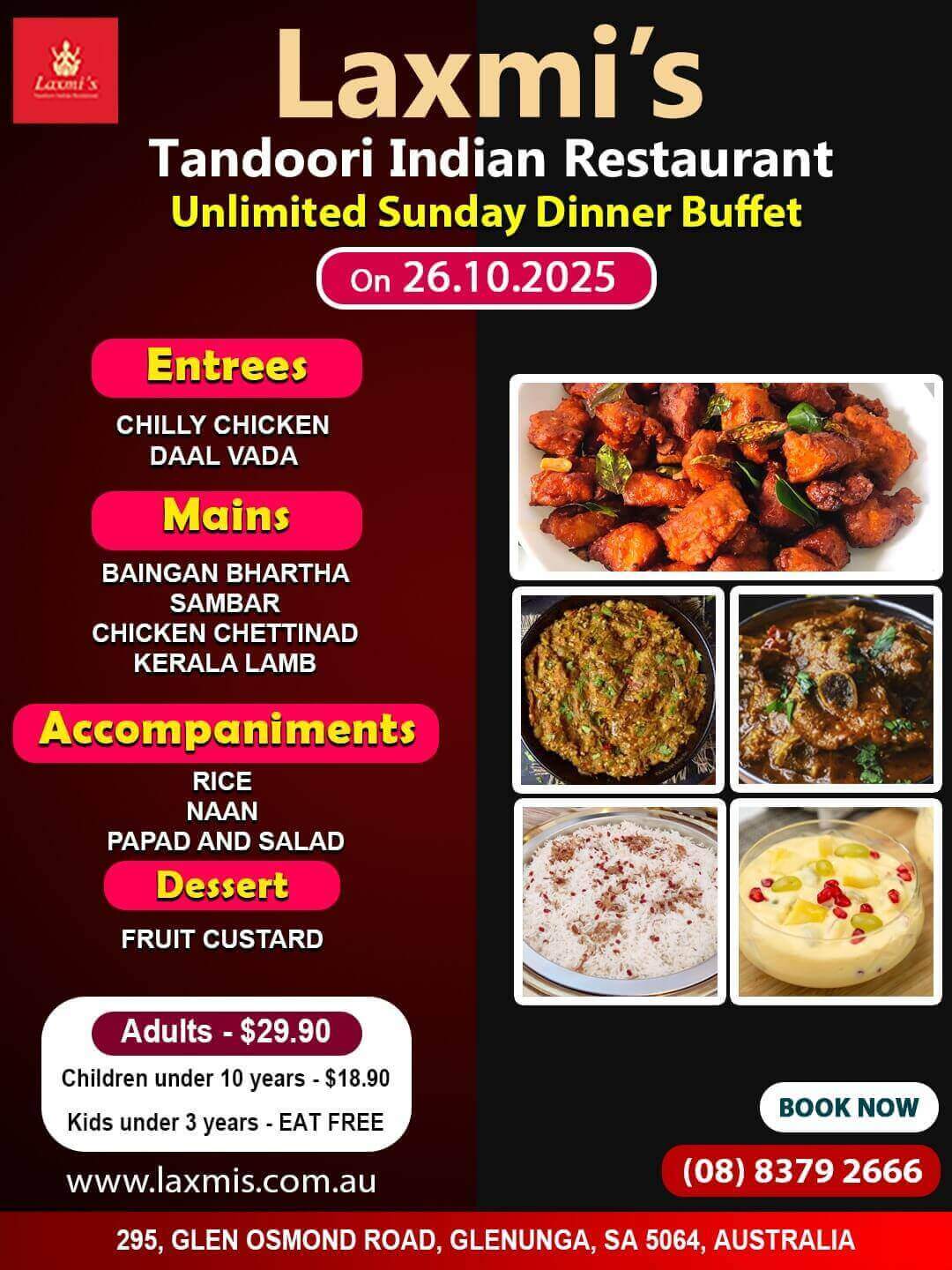 Unlimted Sunday Buffet Adelaide Laxmi's Tandoori Indian Restaurant 26th October 2025