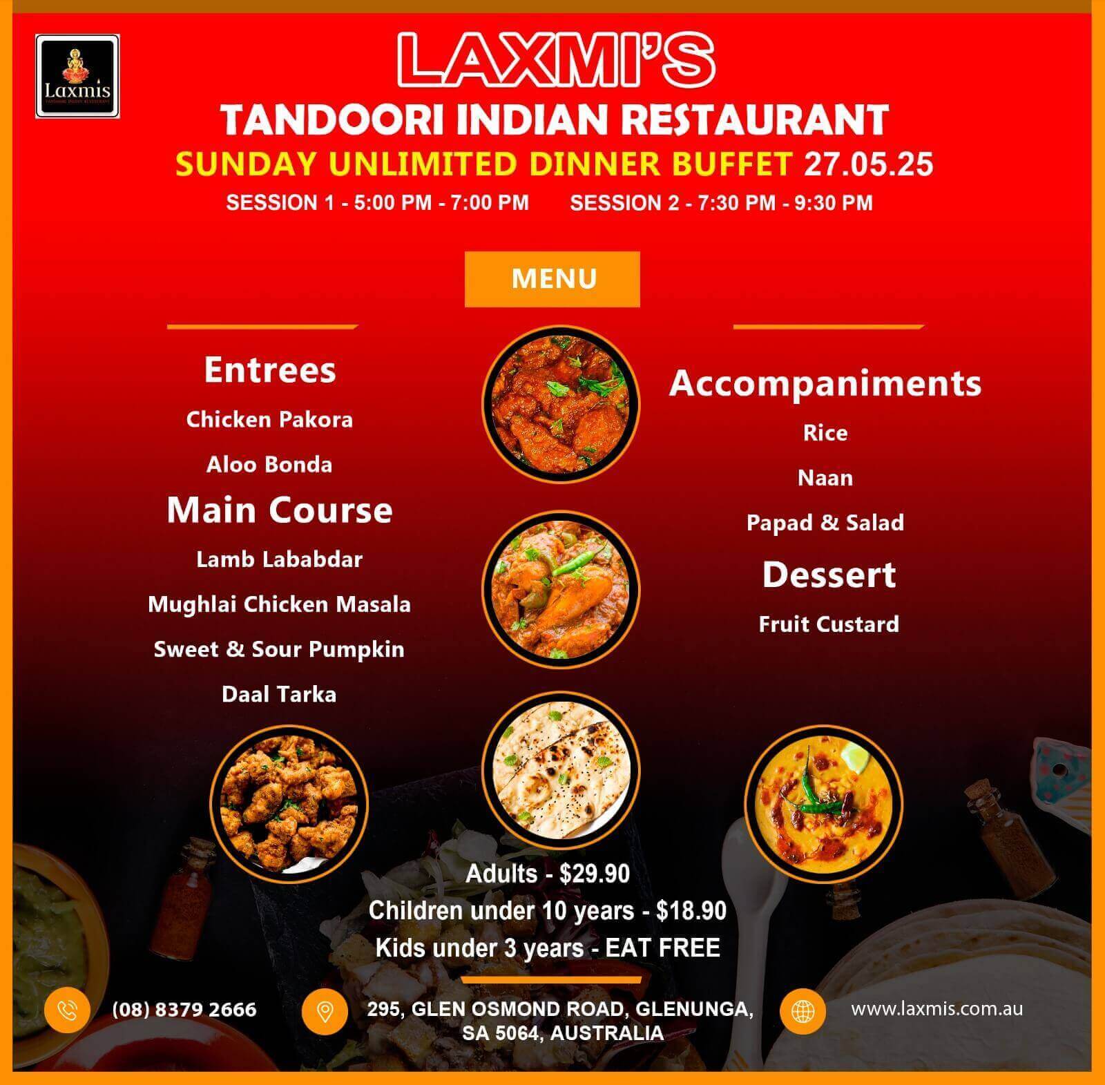 Unlimted Sunday Buffet Adelaide Laxmi's Tandoori Indian Restaurant 27th April 2025