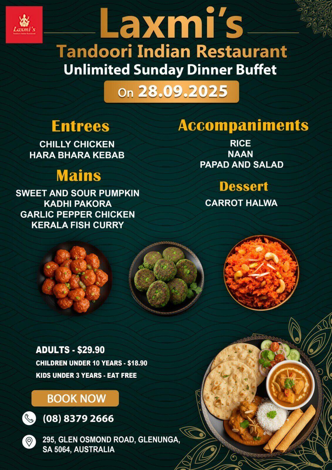 Unlimted Sunday Buffet Adelaide Laxmi's Tandoori Indian Restaurant 28th September 2025