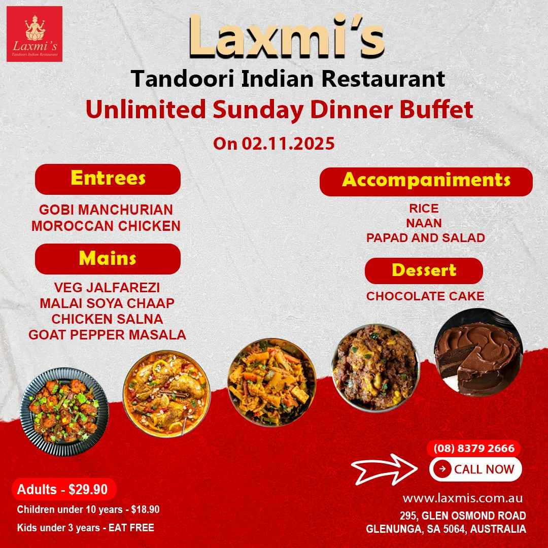Unlimted Sunday Buffet Adelaide Laxmi's Tandoori Indian Restaurant 2nd November 2025