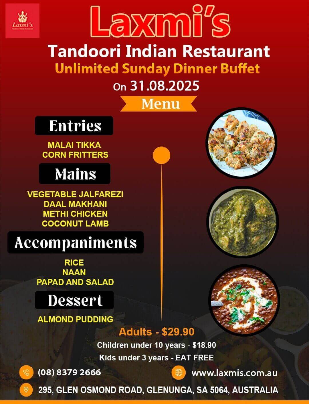Unlimted Sunday Buffet Adelaide Laxmi's Tandoori Indian Restaurant 31st August 2025