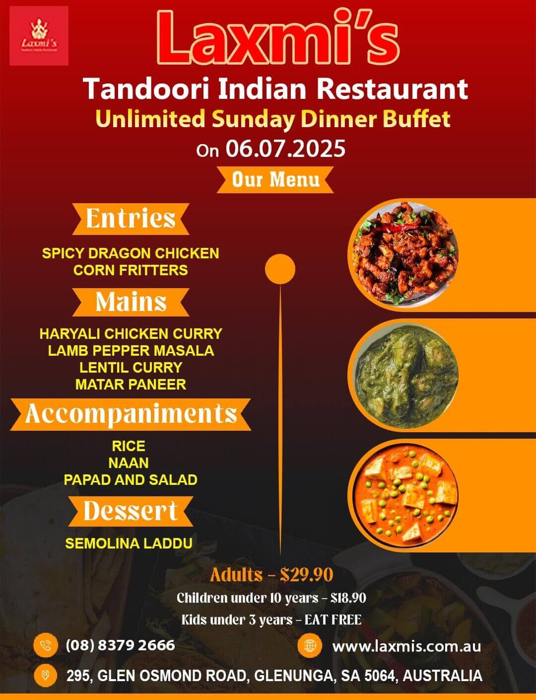Unlimted Sunday Buffet Adelaide Laxmi's Tandoori Indian Restaurant 6th July 2025